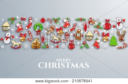 ector illustration. Merry Christmas and Happy New Year 2018 design elements for design of gift cards, brochures, flyers, leaflets, posters. design objects around the inscription on a dark background