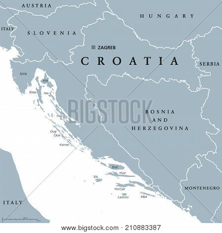 Croatia political map with capital Zagreb, national borders and neighbor countries. Gray illustration with English labeling on white background. Vector.