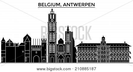 Belgium, Antwerpen architecture vector city skyline, black cityscape with landmarks, isolated sights on background