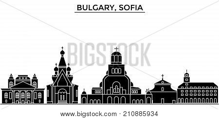 Bulgary, Sofia architecture vector city skyline, black cityscape with landmarks, isolated sights on background