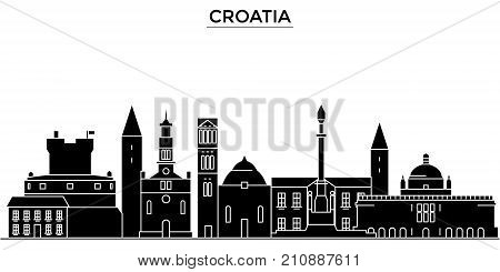 Croatia architecture vector city skyline, black cityscape with landmarks, isolated sights on background