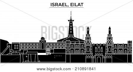 Israel, Eilat architecture vector city skyline, black cityscape with landmarks, isolated sights on background