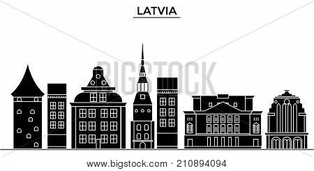 Latvia architecture vector city skyline, black cityscape with landmarks, isolated sights on background