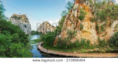 Panorama scenery Khao Ngu Rock Park.Khao Ngu Rock Park is a new attraction in Ratchaburi. With the view there are pathways around the lake with limestone mountains surrounding. Ideal for recreation and photography.