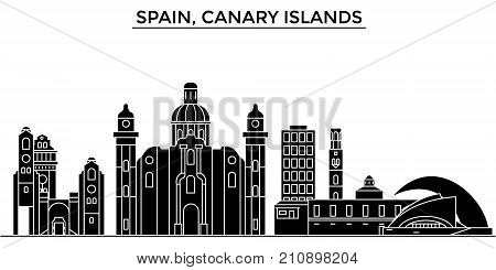 Spain, Canary Islands architecture vector city skyline, black cityscape with landmarks, isolated sights on background