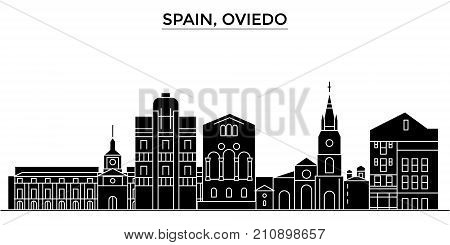 Spain, Oviedo architecture vector city skyline, black cityscape with landmarks, isolated sights on background