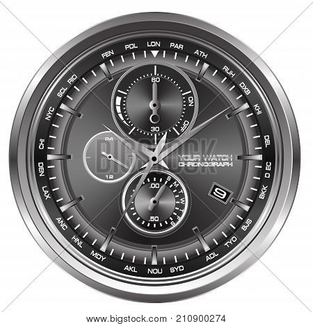 Watch chronograph face on white background vector illustration.