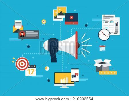 Advertising and marketing communication icons. Concepts for business marketing analytics and strategy in social networks and social media. Flat design vector illustration.
