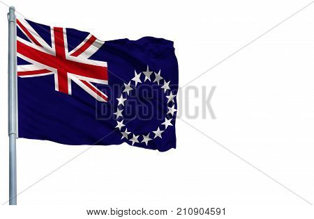 National flag of Cook Islands on a flagpole, isolated on white background.