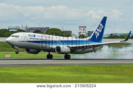 OSAKA, JAPAN - AUG. 14, 2017: Boeing 737-800 landing to the Itami International Airport in Osaka, Japan.