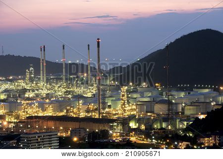 Aerial view Oil refinery.Industrial view at oil refinery plant form industry zone with sunset and cloudy sky.