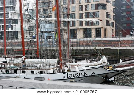 Hamburg, Germany - March 16, 2012. Sailing ship J. R. Tolkien in 'HafenCity' modern district of Hamburg.