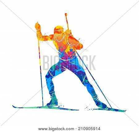 Abstract biathlete from splash of watercolors. Vector illustration of paints.