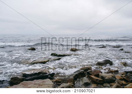 Storm on the black sea in winter.