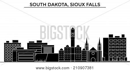 Usa, South Dakota, Sioux Falls architecture vector city skyline, black cityscape with landmarks, isolated sights on background