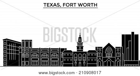 Usa, Texas Fort Worth architecture vector city skyline, black cityscape with landmarks, isolated sights on background