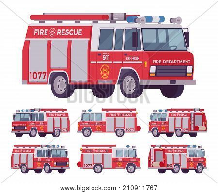 Fire engine set. Emergency service red vehicle with water tanker for firefighting operations, carries firefighters squad and equipment. Vector flat style cartoon illustration on white background