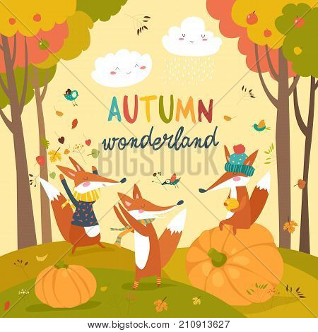 Little foxes playing with leaves in autumn forest. Vector illustration