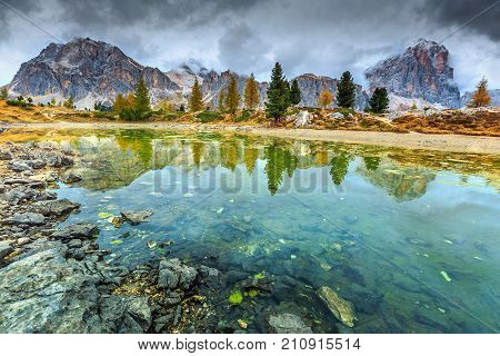 Fantastic autumn landscapealpine glacier lake and yellow pine trees, Limides lake with famous Tofana di Rozes peak in background, Dolomites, Italy, Europe