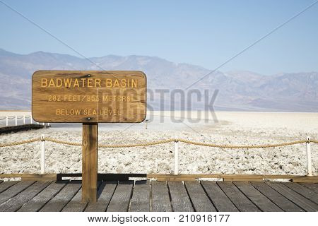 Badwater Basin Sign in Death Valley National Park California USA.