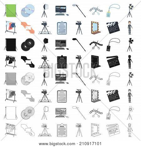 A movie camera, a floodlight, a chromakey and other equipment for the cinema.Making movie set collection icons in cartoon style vector symbol stock illustration .