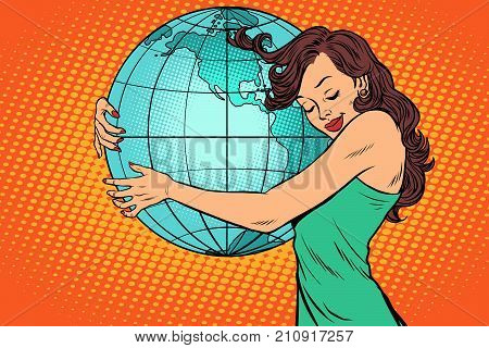 woman hugging the earth mainland America. Earth day. Ecology and care for nature. Comic book cartoon pop art retro vector illustration drawing
