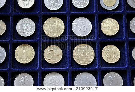 close-up view of a historic collection of coins