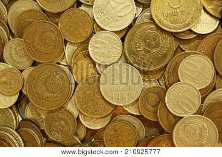 Soviet union coins background. Metal money of USSR.