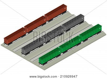 Cargo train cars set. Railway carriage. 3D