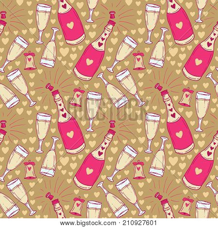 Seamless pattern with champagne bottle and glasses for Christmas and holidays decorations. Wrapping paper design in pink and gold colors