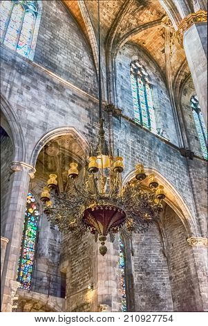 Interior Of Santa Maria Del Mar In Barcelona, Catalonia, Spain