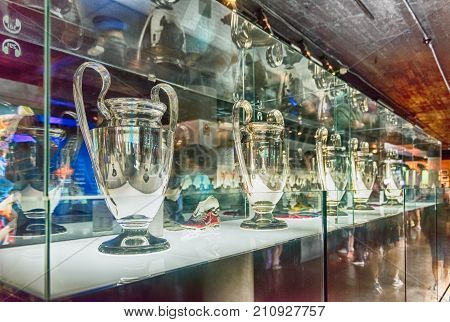 Row Of Champions League Cups, Barcelona, Catalonia, Spain