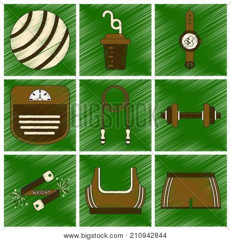 Set of flat shading style icon Fitness equipment