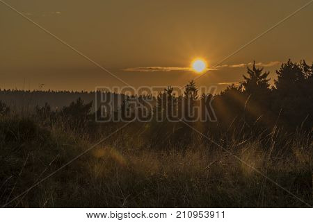 Sunset near Dominova skalka in Slavkovsky Les mountains in autumn evening