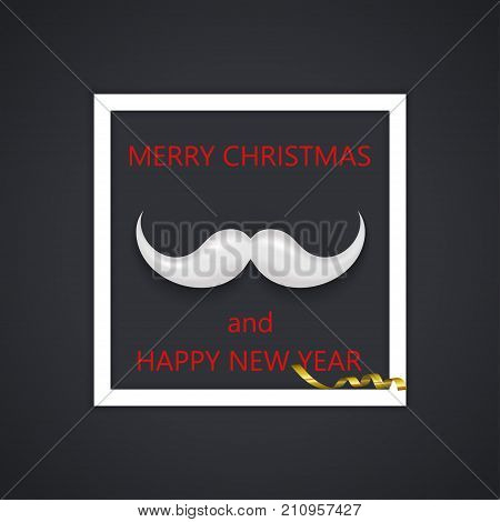 vector modern mustache santa icon on black background. Christmas or Happy new year invitation postcard.