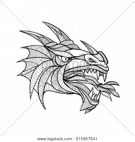 Zentagle inspired and tangled mandala illustration of head of a mythical creature beast or dragon viewed from the side in black and white on isolated backgound.