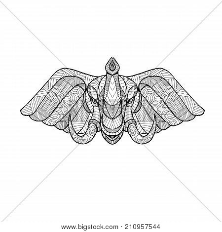 Zentagle inspired and tangled mandala illustration of head of a bull african elephant with tusk viewed from front black and white on isolated backgound.