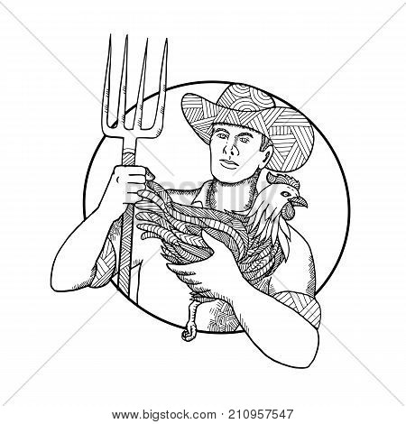 Zentagle inspired and tangled mandala illustration of a farmer holding a chicken bird or hen on one hand and pitchfork on the other set inside circle on isolated background.
