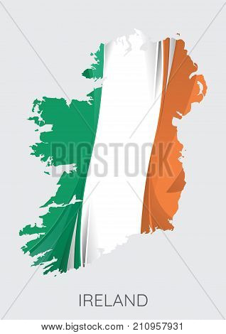 Map Of Ireland With Flag As Texture Isolated On Grey Background. Vector Illustration