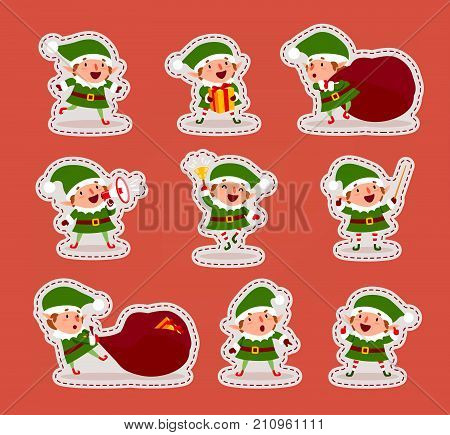 Set of cute Christmas elves. Stickers. Collection of playful Santa Claus helpers. Happy New Year Merry Xmas design element. Vector illustration