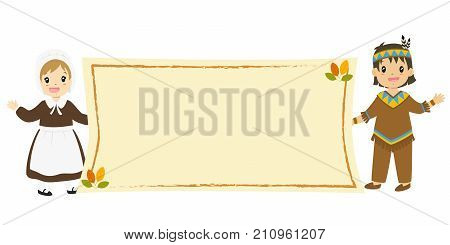 Happy Pilgrim Girl And Native American Boy Holding An Empty Banner Waving Their Hand