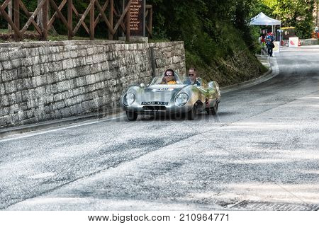 GOLA DEL FURLO, ITALY - MAY 19 - 2017 : LOTUS ELEVEN CLIMAX 1956 on an old racing car in rally Mille Miglia 2017 the famous italian historical race (1927-1957) on May 19 2017