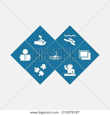 Collection Of Frogman, Rod, Learning And Other Elements.  Set Of 7 Entertainment Icons Set.