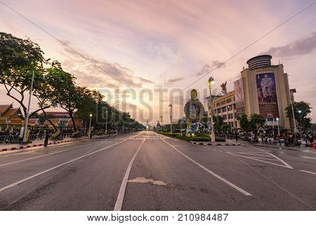 BANGKOK THAILAND - OCTOBER 26: An empty Ratchadamnoen Avenue for the cremation of Rama 9 the former king in Bangkok Thailand on October 26 2017.