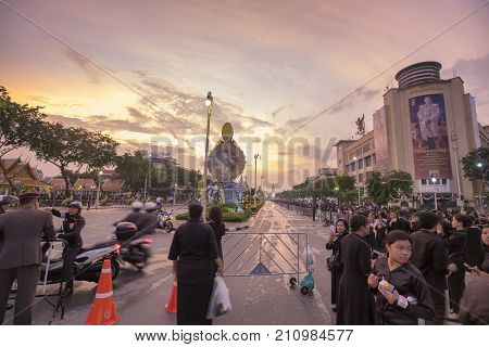 BANGKOK THAILAND - OCTOBER 26: Unidentified people walk around Ratchadamnoen Avenue for the cremation of Rama 9 the former king in Bangkok Thailand on October 26 2017.