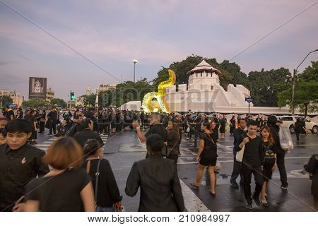 BANGKOK THAILAND - OCTOBER 26: Unidentified people walk around Ratchadamnoen Avenue for the cremation of Rama 9 the former king in Bangkok Thailand on October 26 2017.