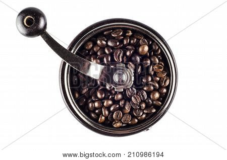 Top view of coffee grinder on white background