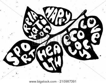 Healthy Life balanse vector concept illustration. Leaves with lettering on them about sport, health and happy life with texture, isolated on white background. Balanced part of human life