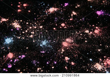 Festive colorful powdery splashes close up. Professional abstract pigment cosmetics background and colourants for creative make up