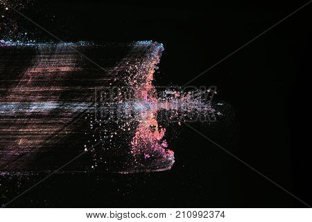 Colorful powdery trace top view. Professional abstract pigment cosmetics background and colourants for creative make up similar to bullet path